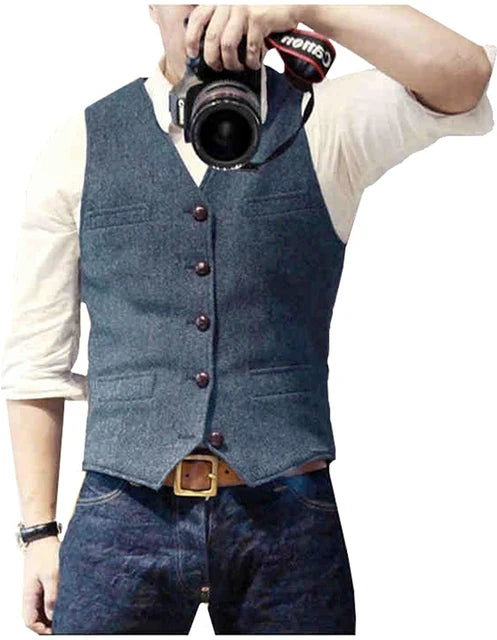 Men's Suit Vest V Neck Wool Herringbone Tweed Casual Waistcoat Formal Business Vest Groomman For Green/Black/Brown/Coffee