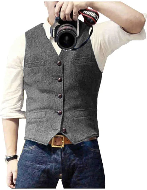 Men's Suit Vest V Neck Wool Herringbone Tweed Casual Waistcoat Formal Business Vest Groomman For Green/Black/Brown/Coffee