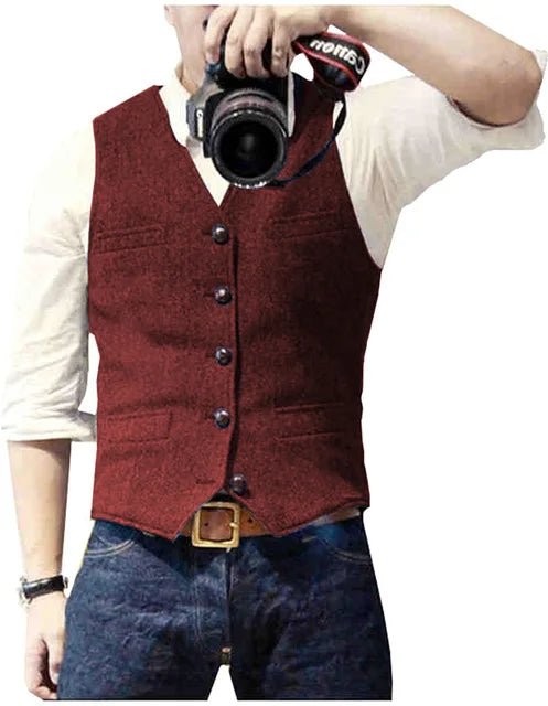Men's Suit Vest V Neck Wool Herringbone Tweed Casual Waistcoat Formal Business Vest Groomman For Green/Black/Brown/Coffee